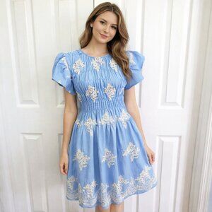 Anthropologie Ellison Blue Embroidered Mocked Dress Boho Cottagecore Babydoll M